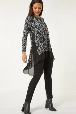 Tops>Roman Black Floral Puff Print Chiffon Hem Top
