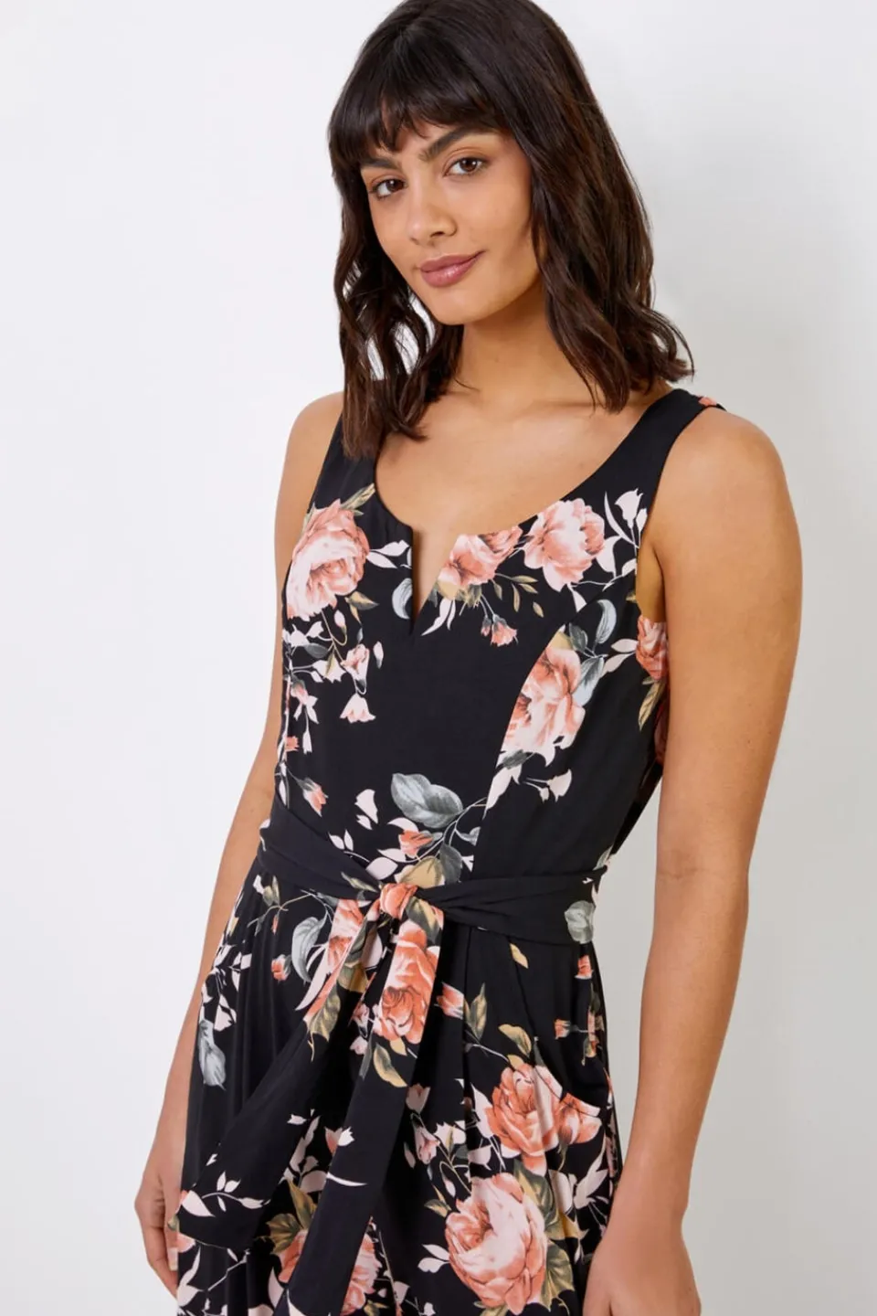 Jumpsuits & Playsuits>Roman Black Floral Stretch Cropped Leg Jumpsuit