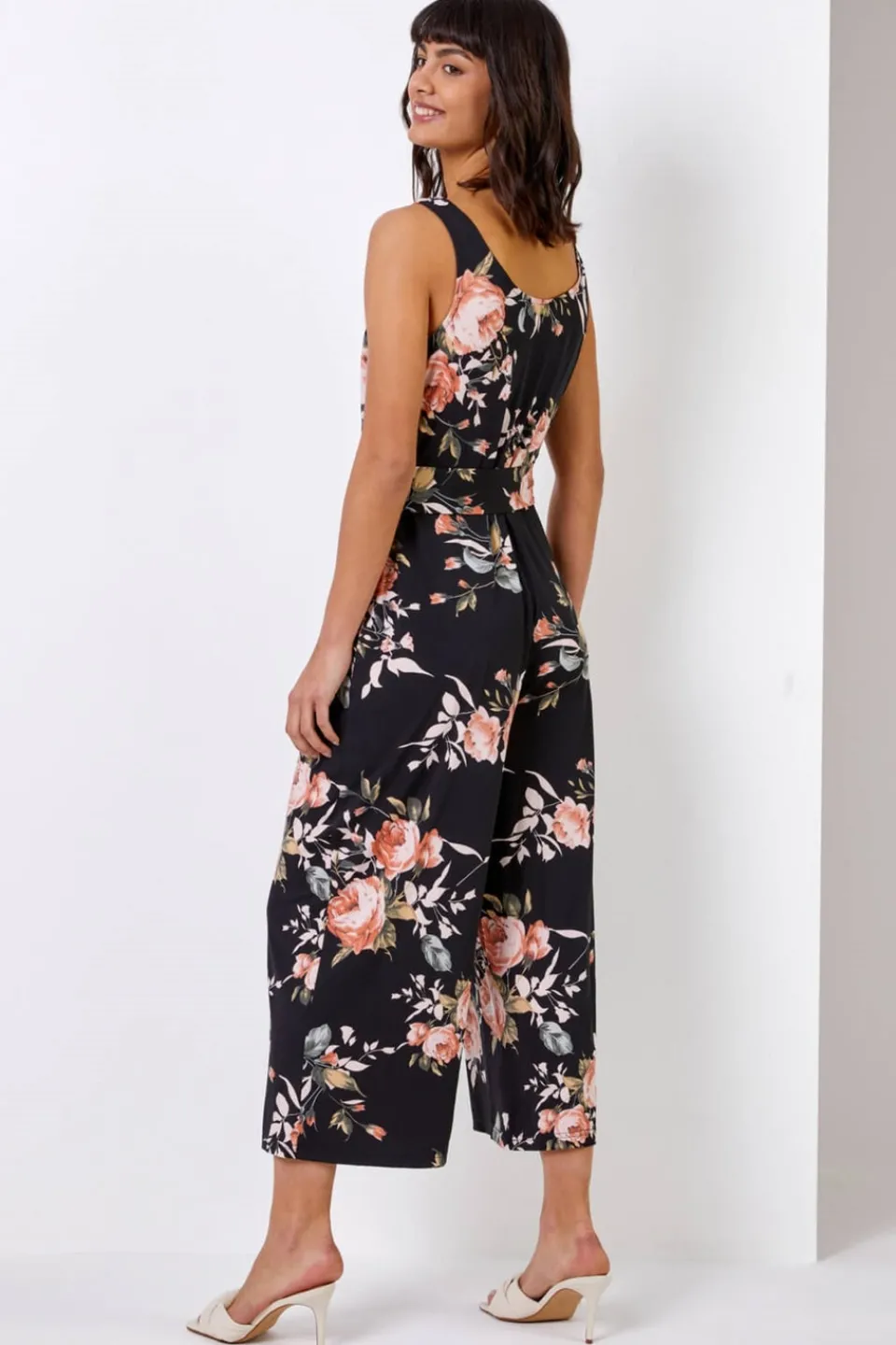 Jumpsuits & Playsuits>Roman Black Floral Stretch Cropped Leg Jumpsuit
