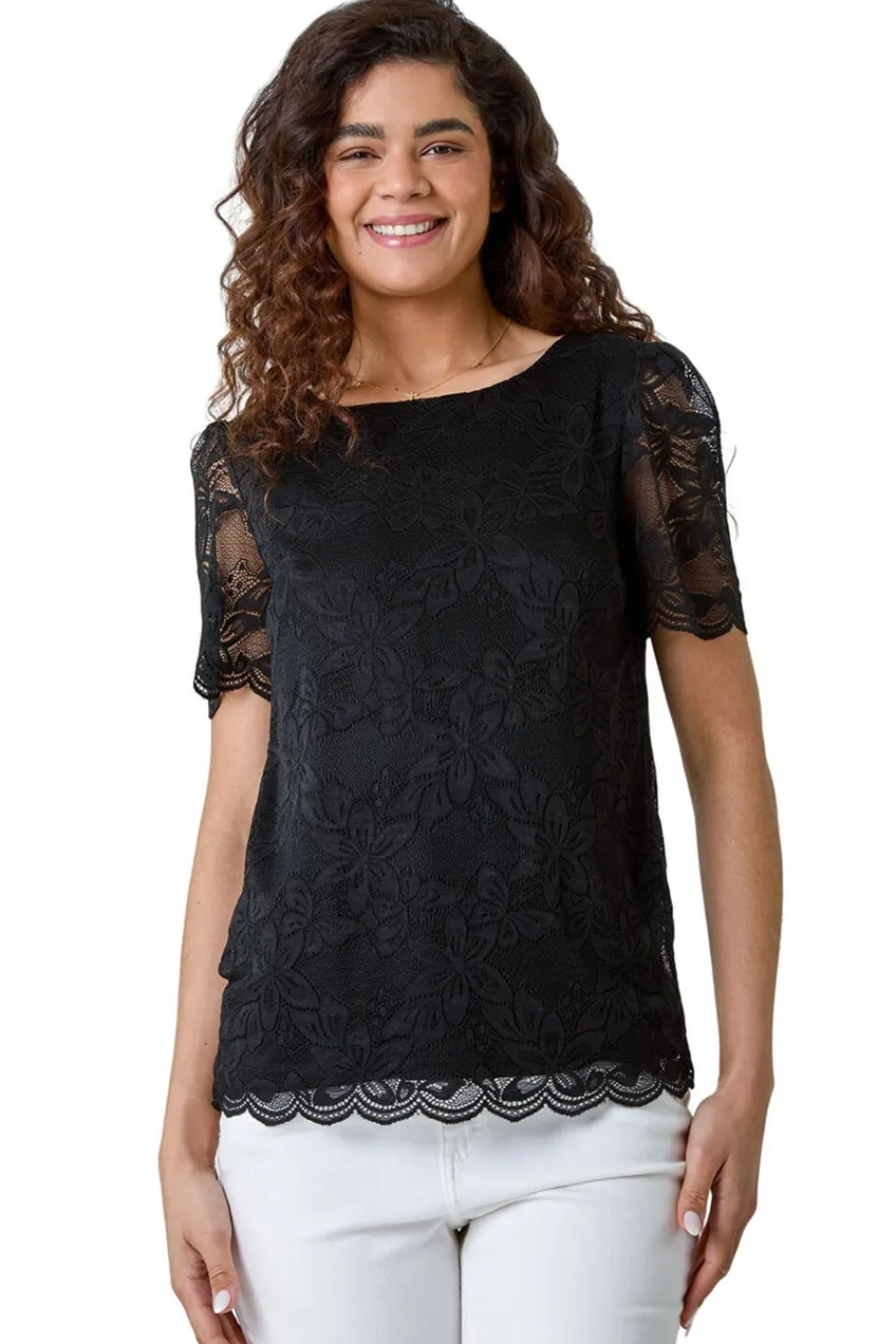 Tops>Roman Black Floral Stretch Lace Top