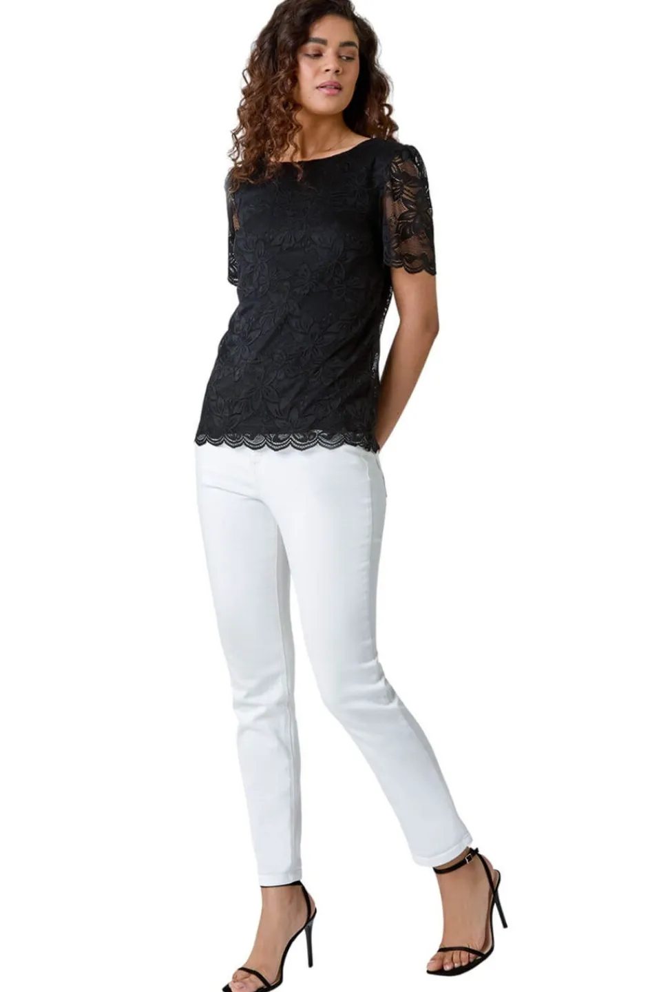 Tops>Roman Black Floral Stretch Lace Top