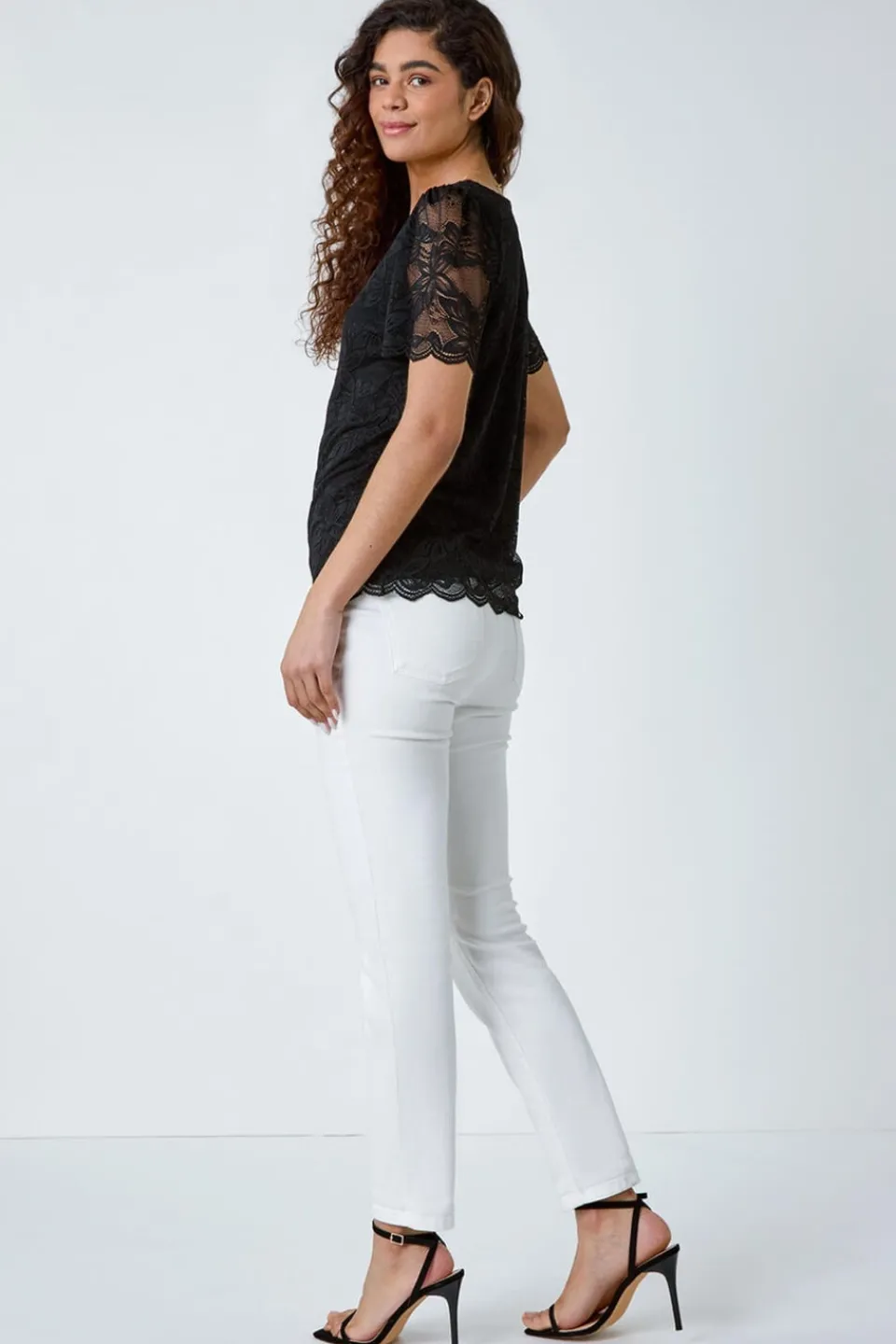 Tops>Roman Black Floral Stretch Lace Top