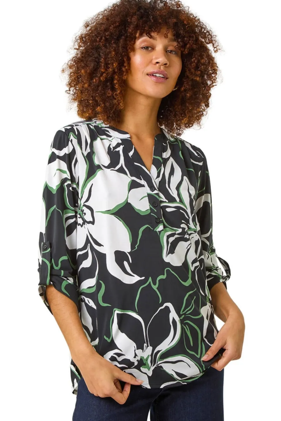 Tops>Roman Black Floral Textured Print Shirt