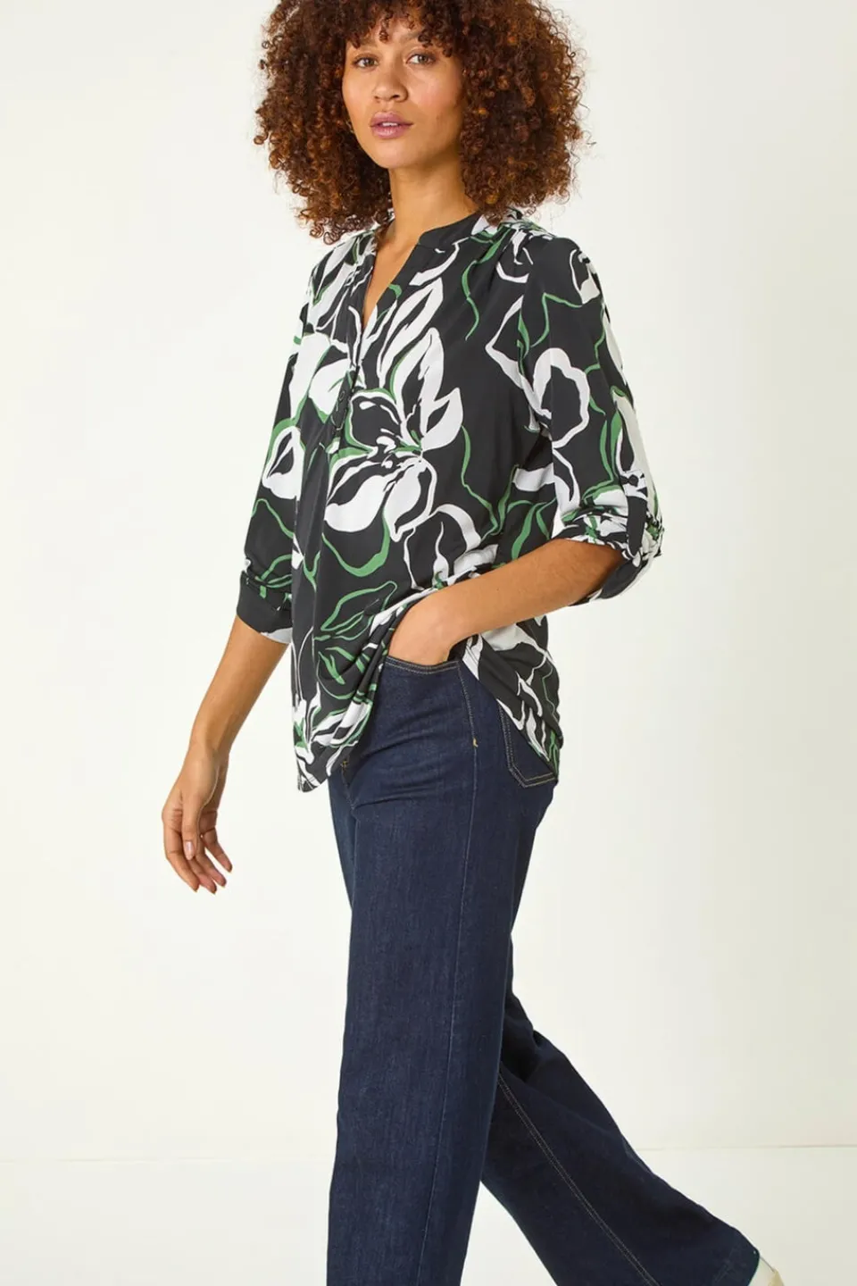 Tops>Roman Black Floral Textured Print Shirt