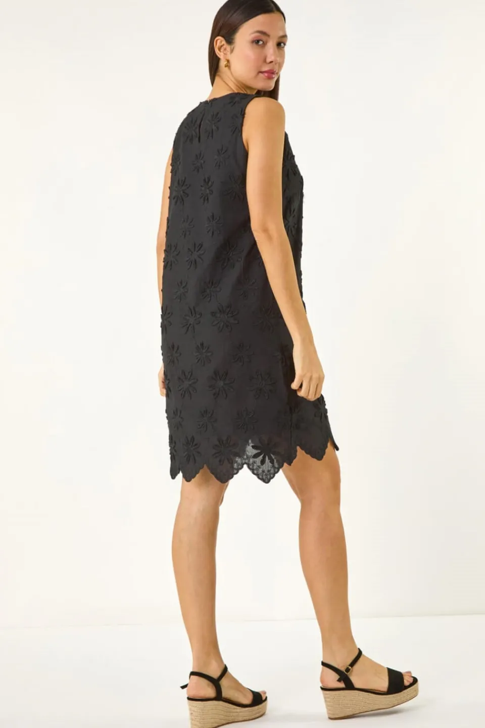 Dresses>Roman Black Flower Embroidered Shift Dress