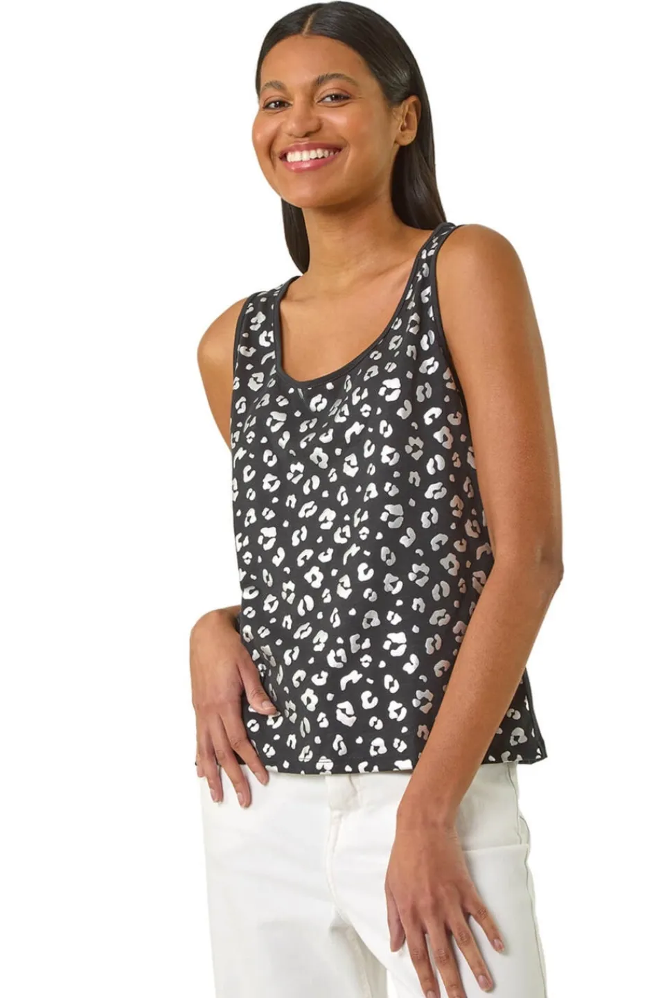 Tops>Roman Black Foil Leopard Print Vest