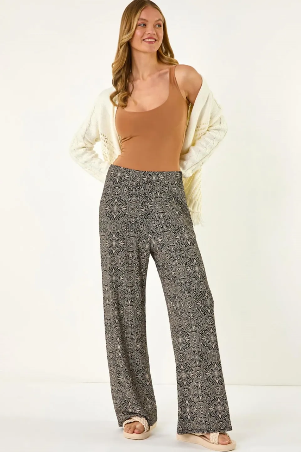 Trousers>Roman Black Geometric Floral Stretch Trousers