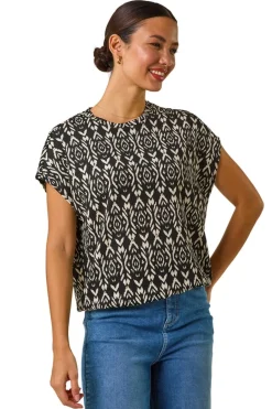 Tops>Roman Black Geometric Ikat Print Bubble Hem Top