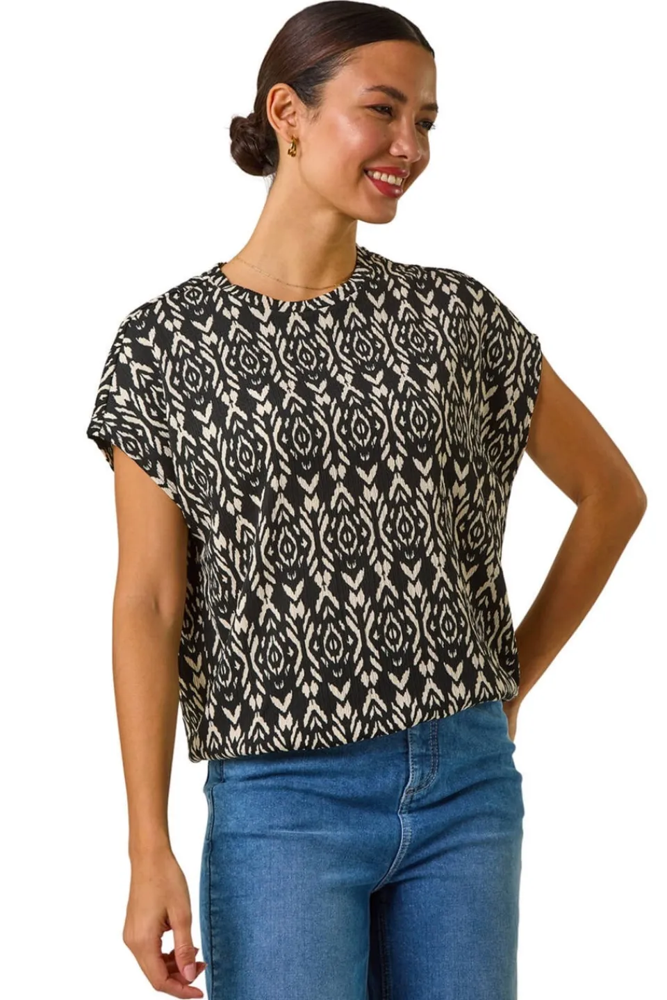 Tops>Roman Black Geometric Ikat Print Bubble Hem Top