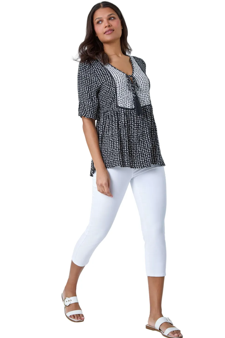 Tops>Roman Black Geometric Print Tassel Tie Smock Top