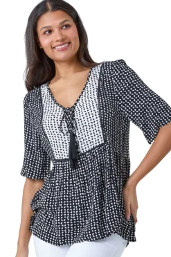 Tops>Roman Black Geometric Print Tassel Tie Smock Top