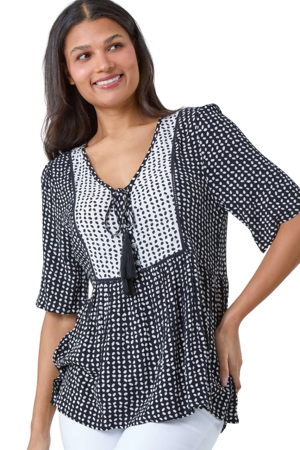 Tops>Roman Black Geometric Print Tassel Tie Smock Top