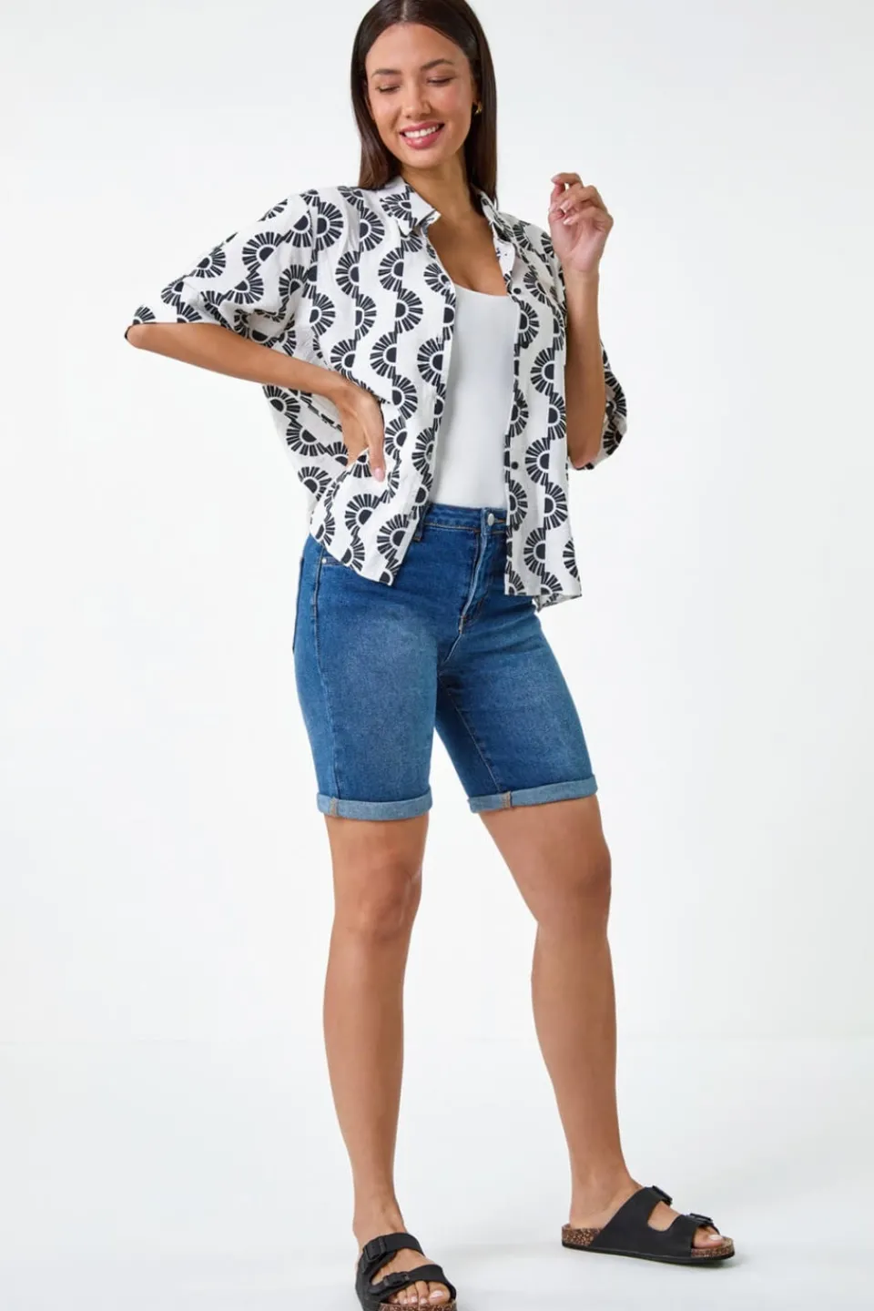 Tops>Roman Black Geometric Print Button Shirt