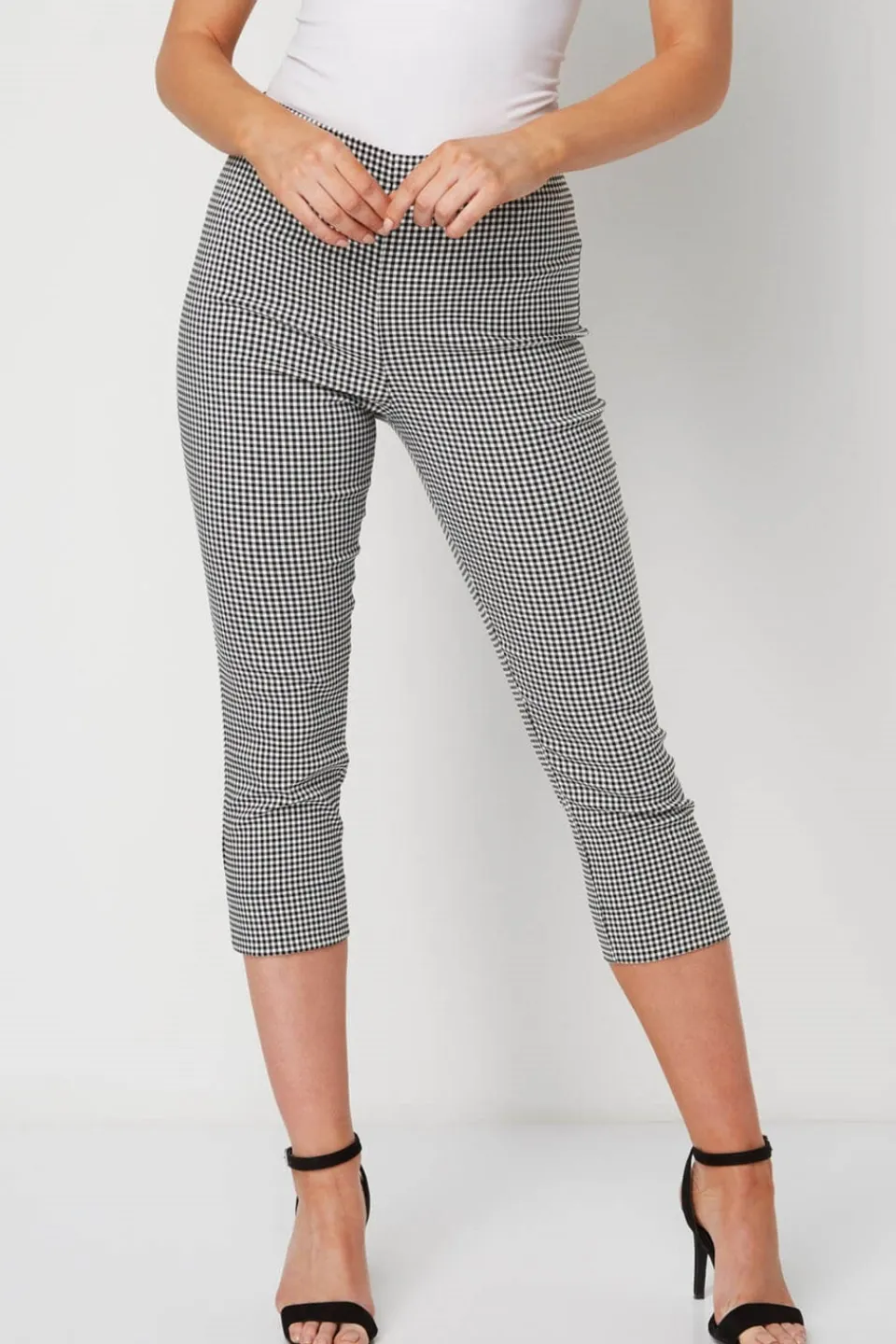Trousers>Roman Black Gingham Elastic Waist Stretch Cropped Trouser