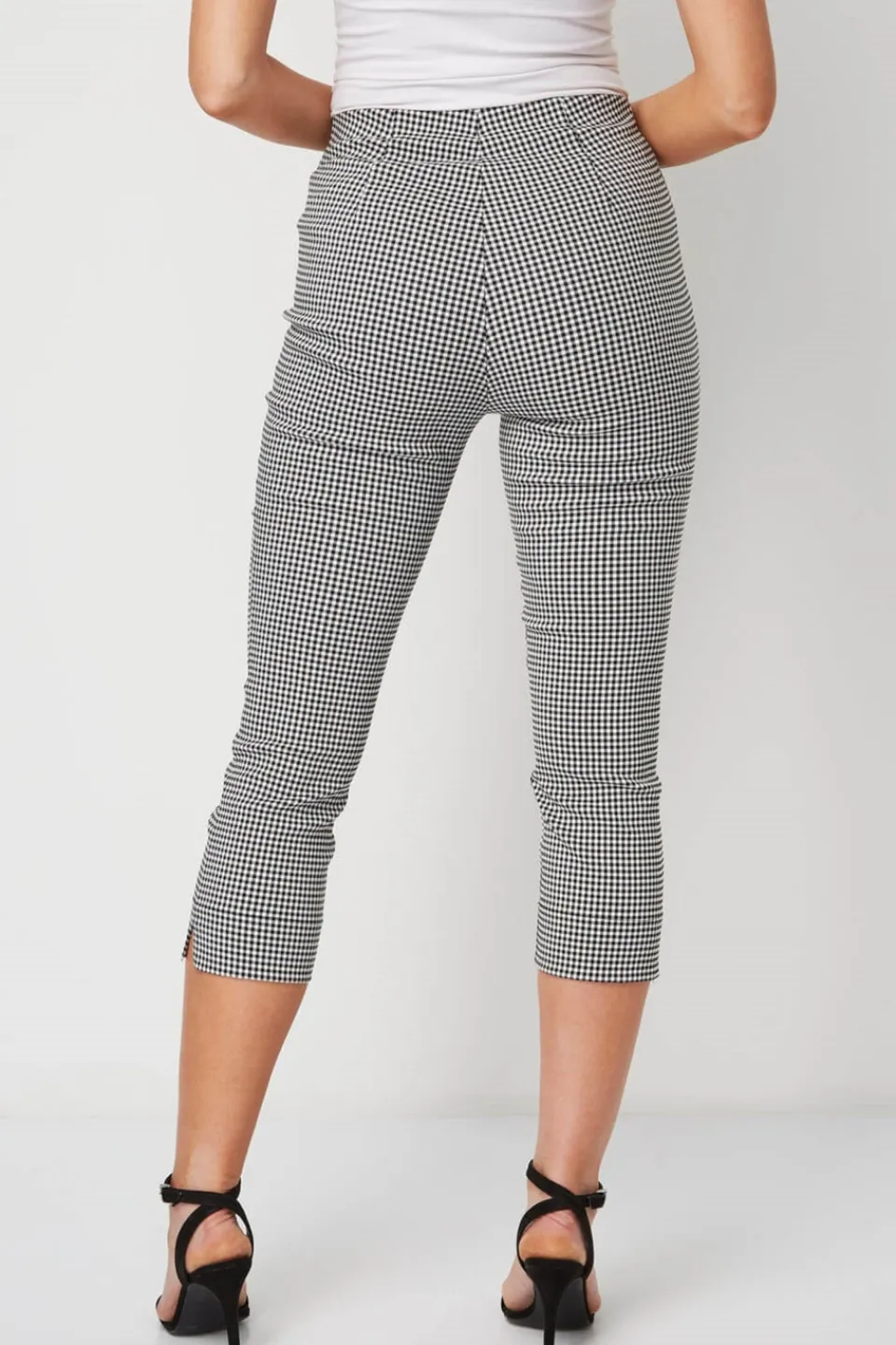 Trousers>Roman Black Gingham Elastic Waist Stretch Cropped Trouser