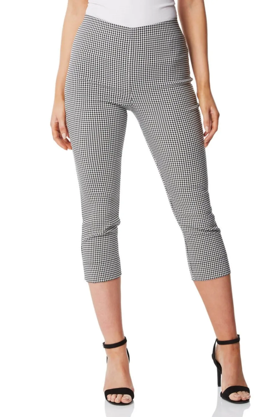 Trousers>Roman Black Gingham Elastic Waist Stretch Cropped Trouser