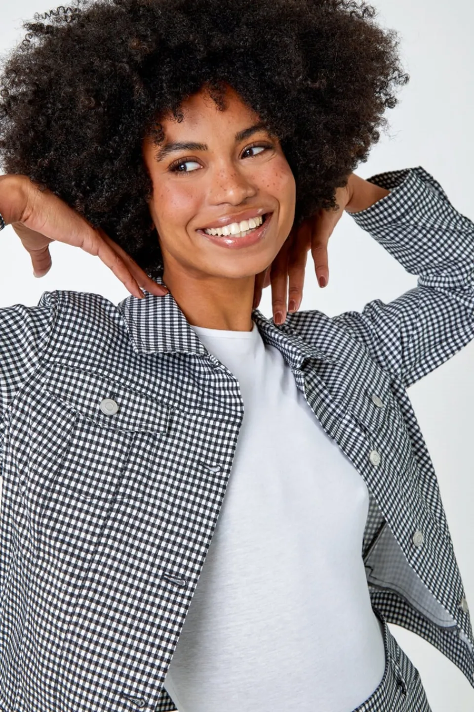 Coats & Jackets>Roman Black Gingham Stretch Pocket Detail Jacket