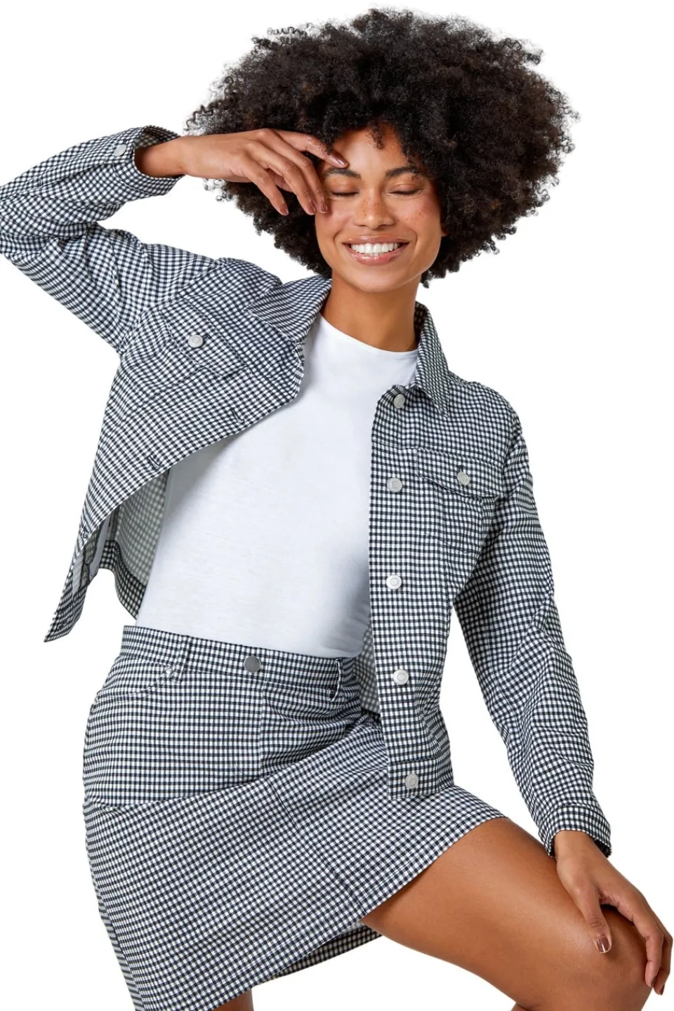 Coats & Jackets>Roman Black Gingham Stretch Pocket Detail Jacket