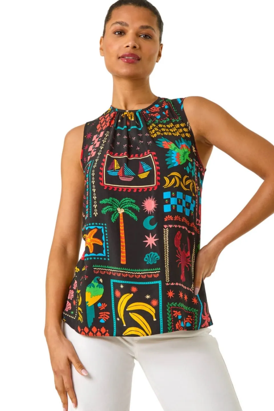 Tops>Roman Black Holiday Print Vest Top