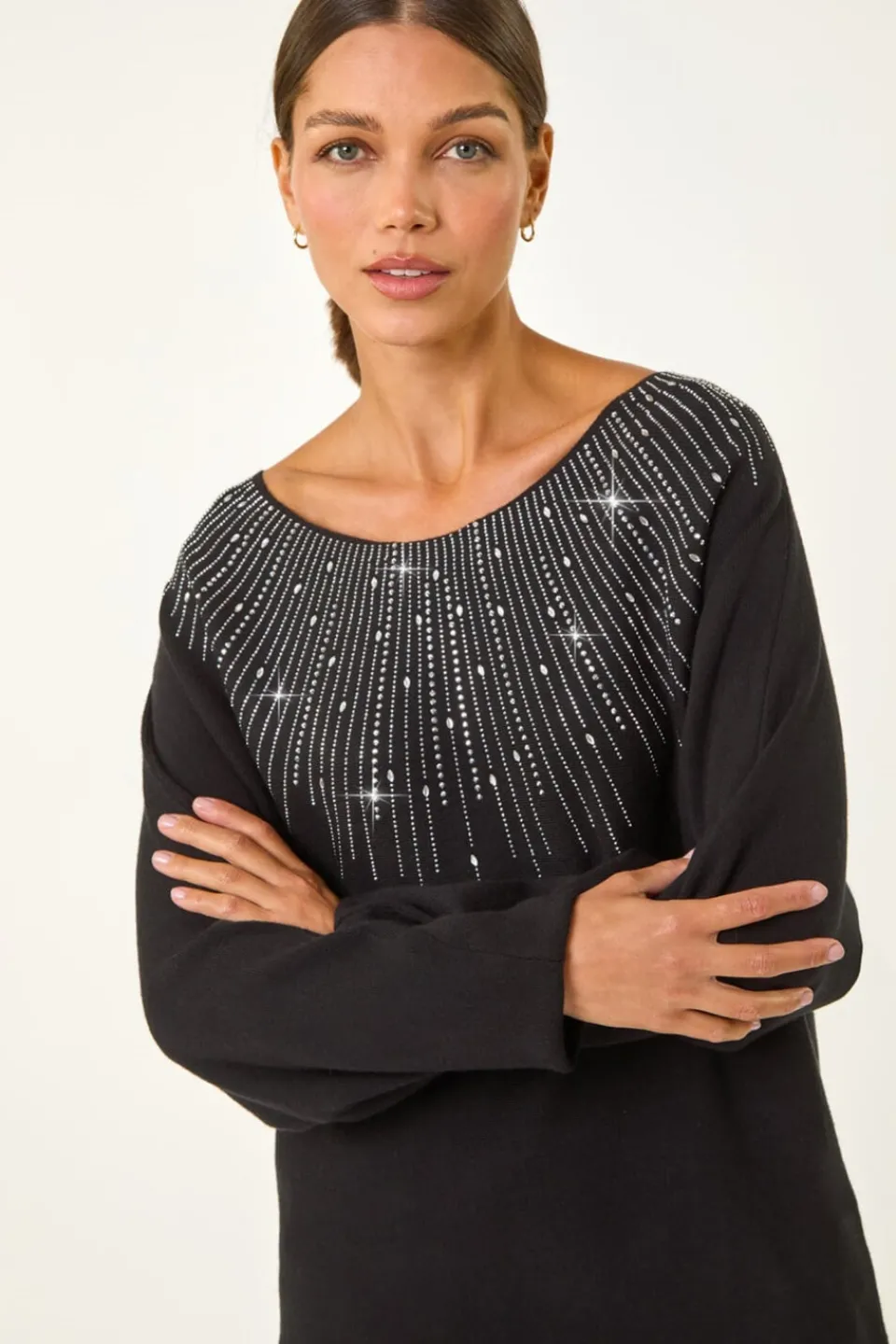 Tops>Roman Hotfix Embellished Neck Knit Jumper Black