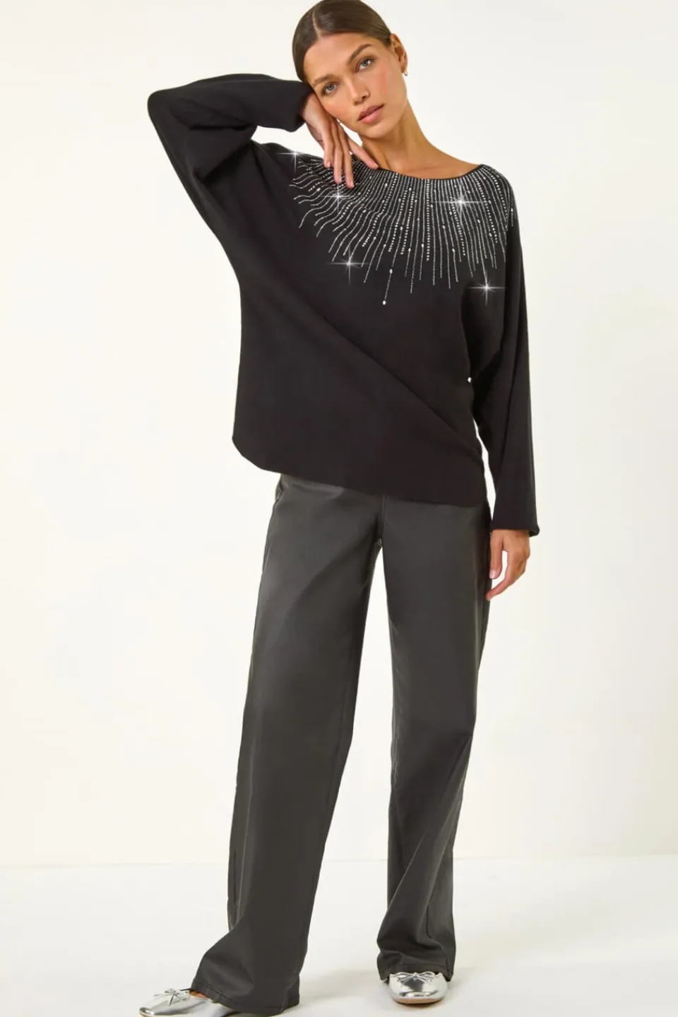 Tops>Roman Hotfix Embellished Neck Knit Jumper Black