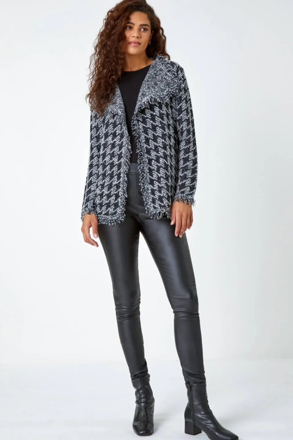 Tops>Roman Black Houndstooth Fringed Cardigan