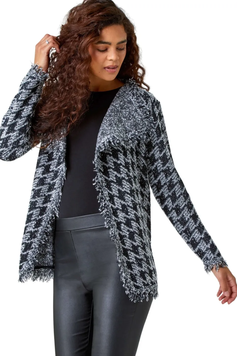 Tops>Roman Black Houndstooth Fringed Cardigan