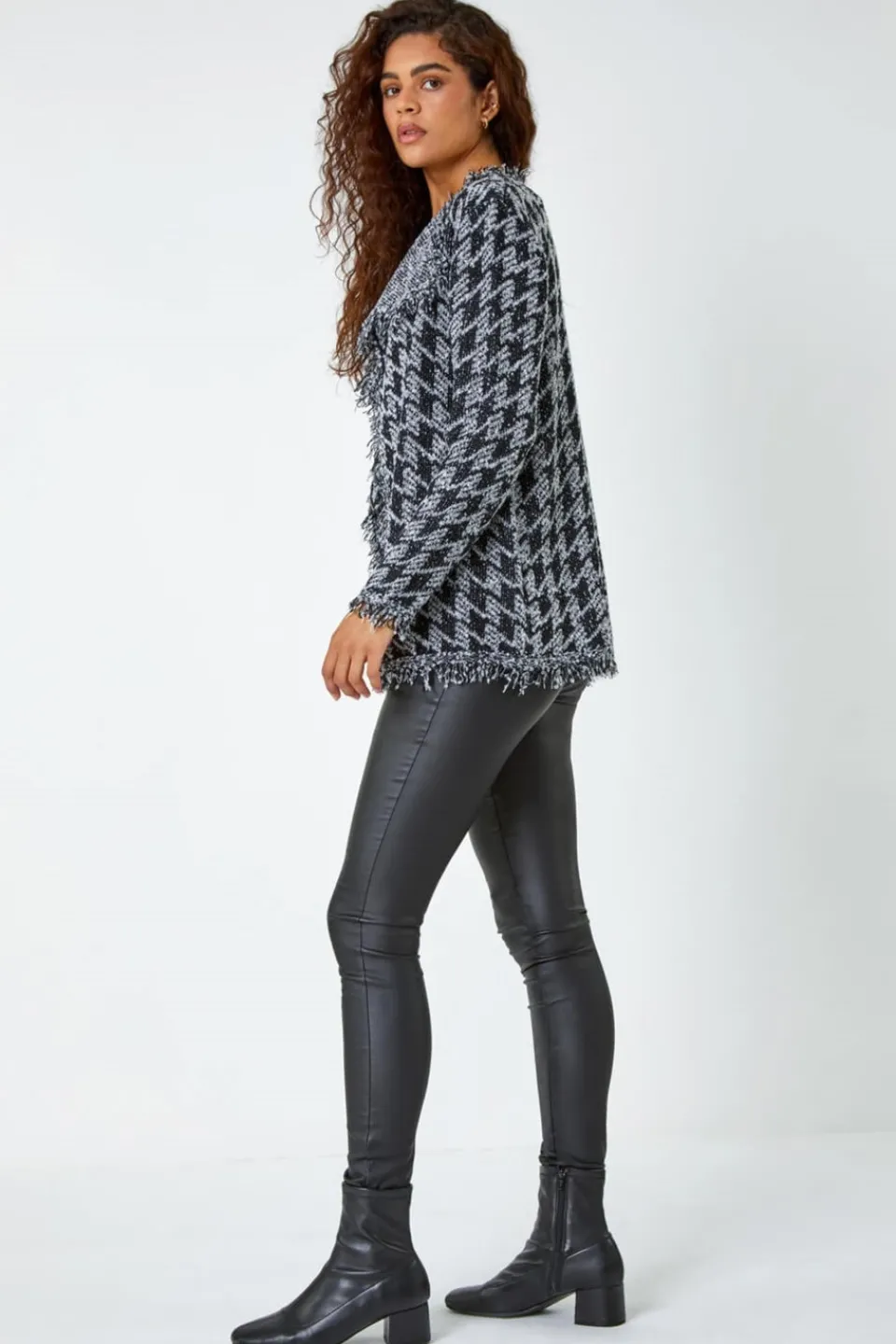 Tops>Roman Black Houndstooth Fringed Cardigan
