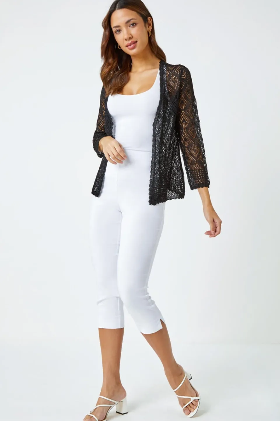 Tops>Roman Black Knitted Crochet Shimmer Shrug