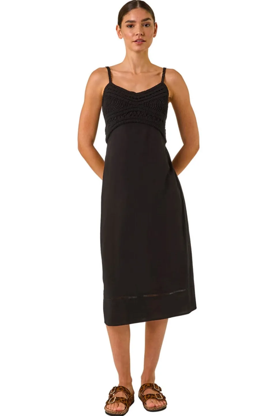 Dresses>Roman Black Lace Panel Strappy Midi Dress