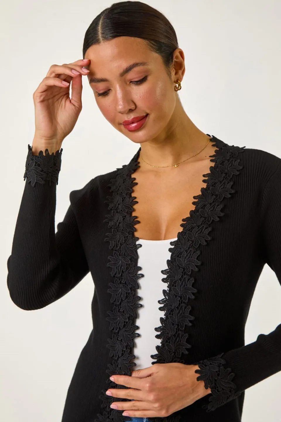 Tops>Roman Black Lace Trim Knit Cardigan