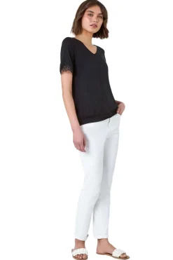 Tops>Roman Black Lace Trim Stretch Jersey T-Shirt