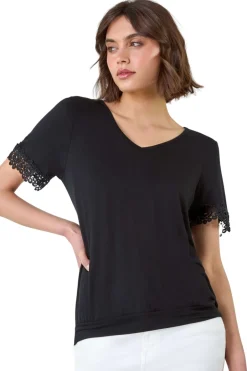 Tops>Roman Black Lace Trim Stretch Jersey T-Shirt