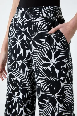 Trousers>Roman Black Leaf Linen Blend Wide Leg Trousers