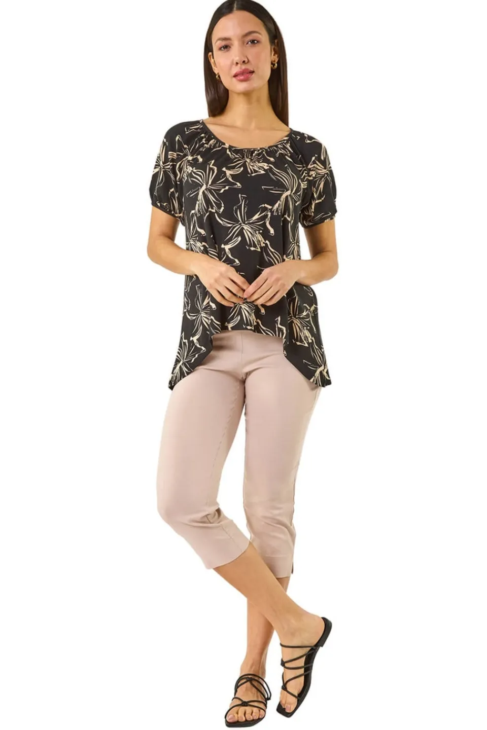 Tops>Roman Black Leaf Print Asymmetric Stretch Tunic Top
