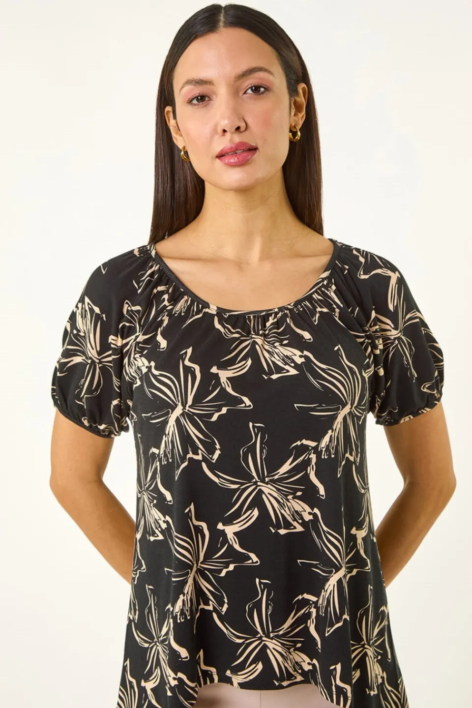 Tops>Roman Black Leaf Print Asymmetric Stretch Tunic Top
