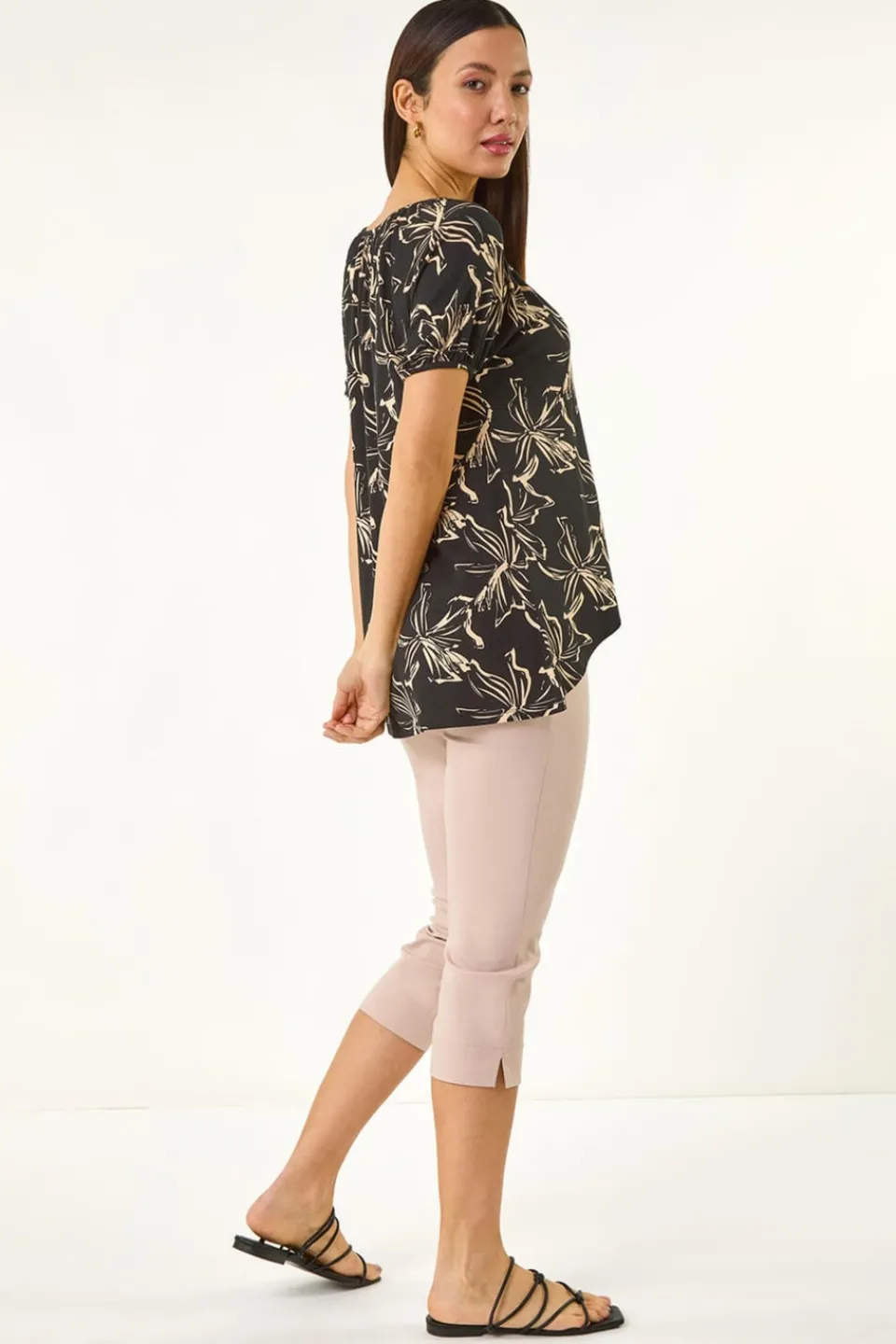 Tops>Roman Black Leaf Print Asymmetric Stretch Tunic Top
