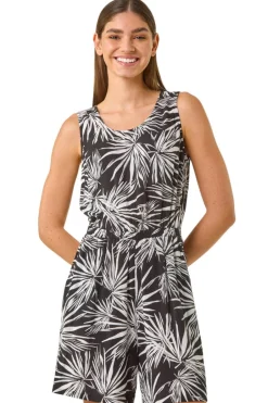 Jumpsuits & Playsuits>Roman Black Leaf Print Crinkle Playsuit