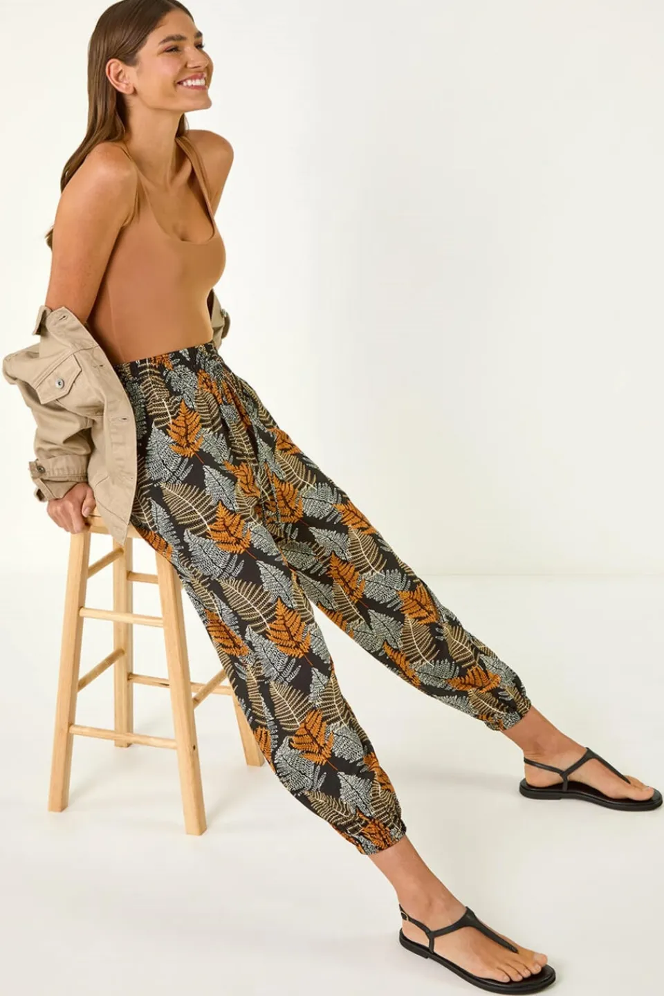 Trousers>Roman Black Leaf Tie Waist Trousers