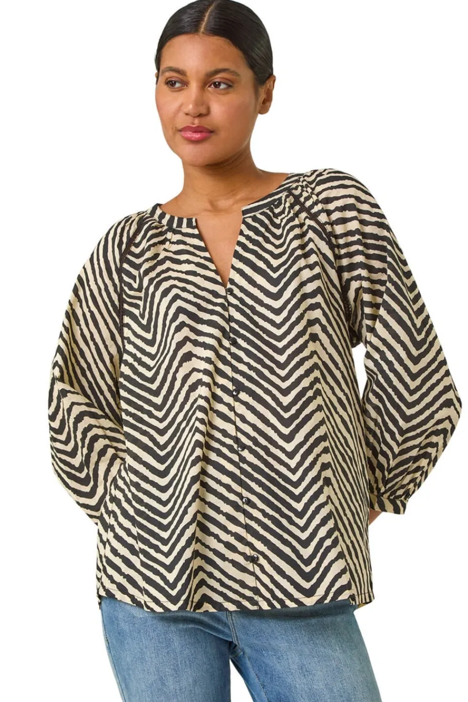 Blouses & Shirts>Roman Black Linear Print V-Neck Blouse