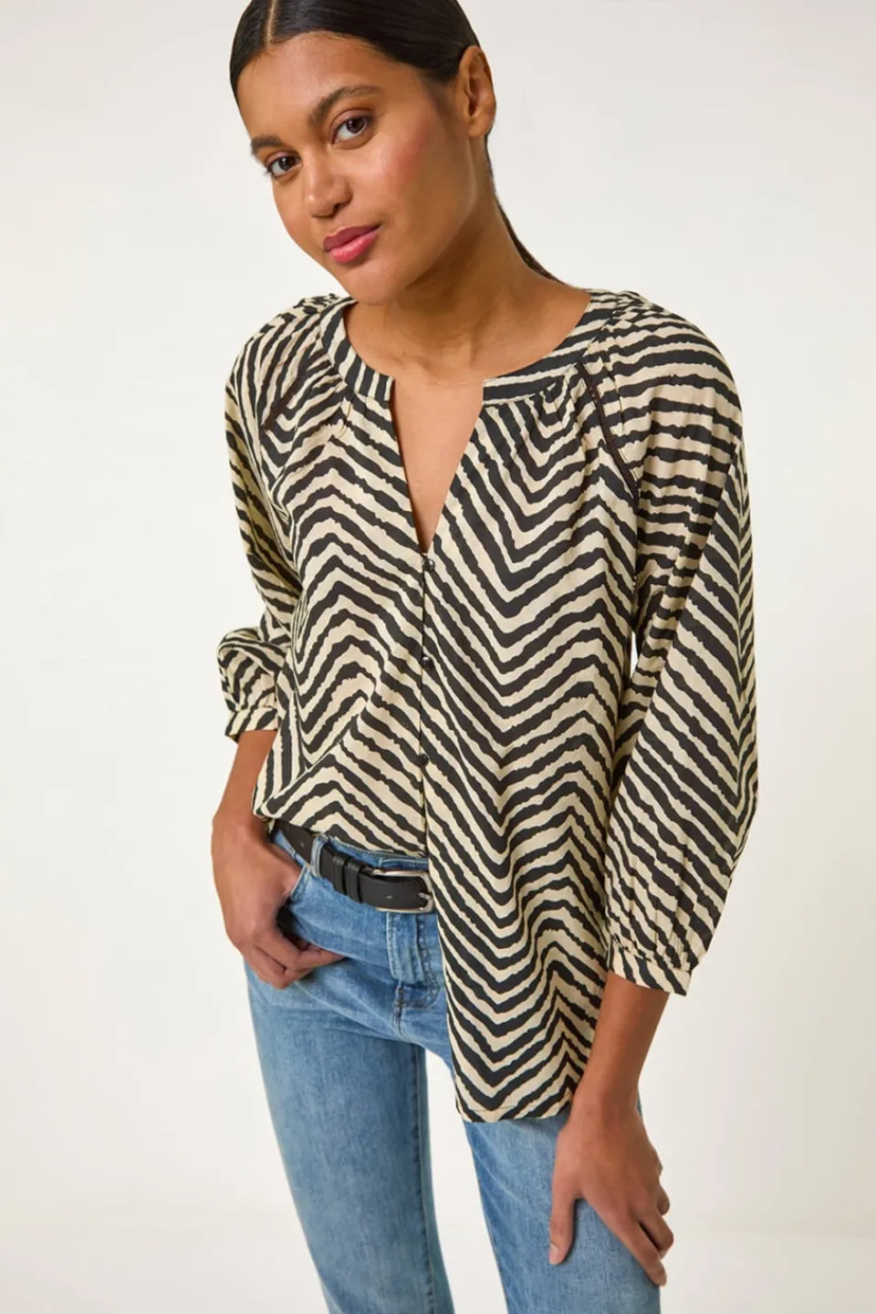 Blouses & Shirts>Roman Black Linear Print V-Neck Blouse