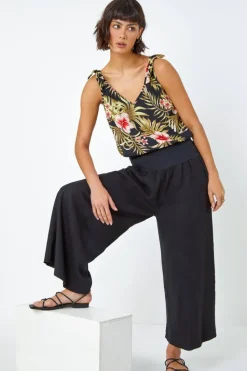 Trousers>Roman Linen Blend Stretch Waist Culottes Black