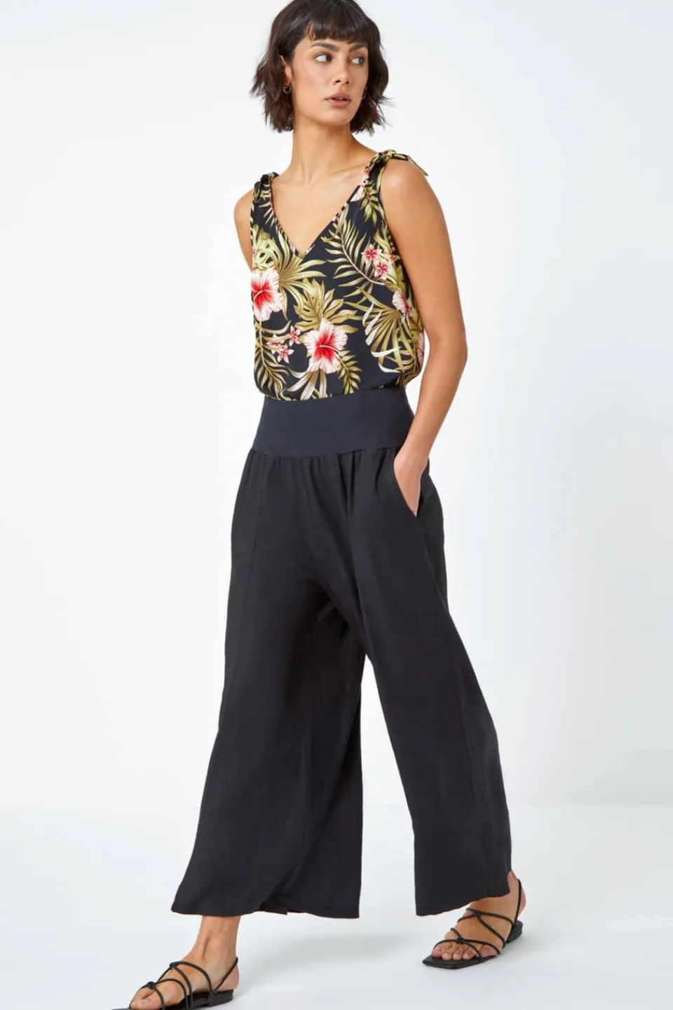 Trousers>Roman Linen Blend Stretch Waist Culottes Black