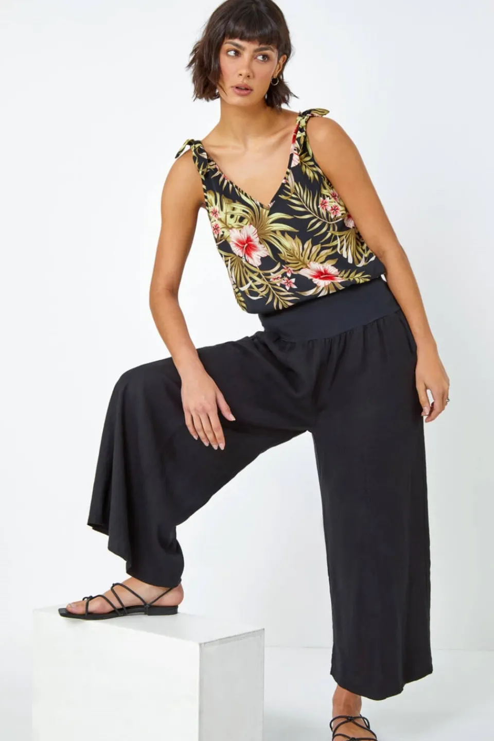 Trousers>Roman Linen Blend Stretch Waist Culottes Black