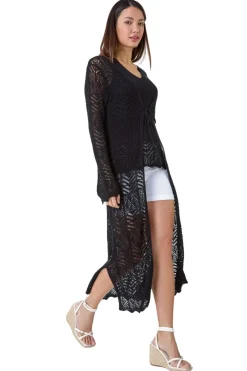 Tops>Roman Black Longline Tie Cotton Blend Knit Cardigan