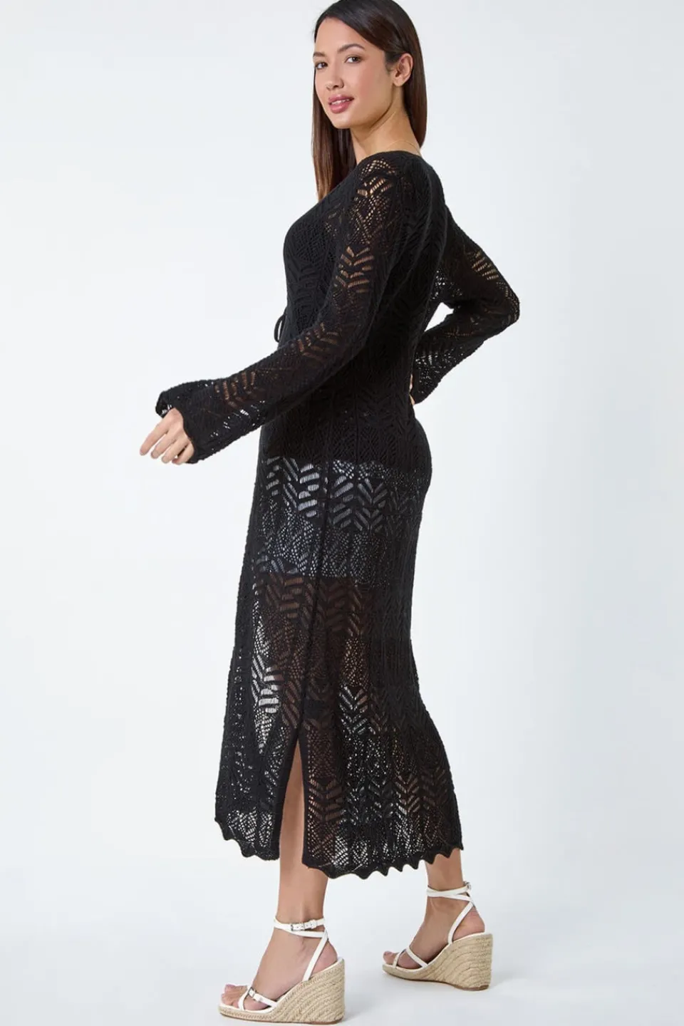 Tops>Roman Black Longline Tie Cotton Blend Knit Cardigan