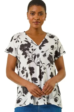 Tops>Roman Black Mono Floral Print Pleat Front Top