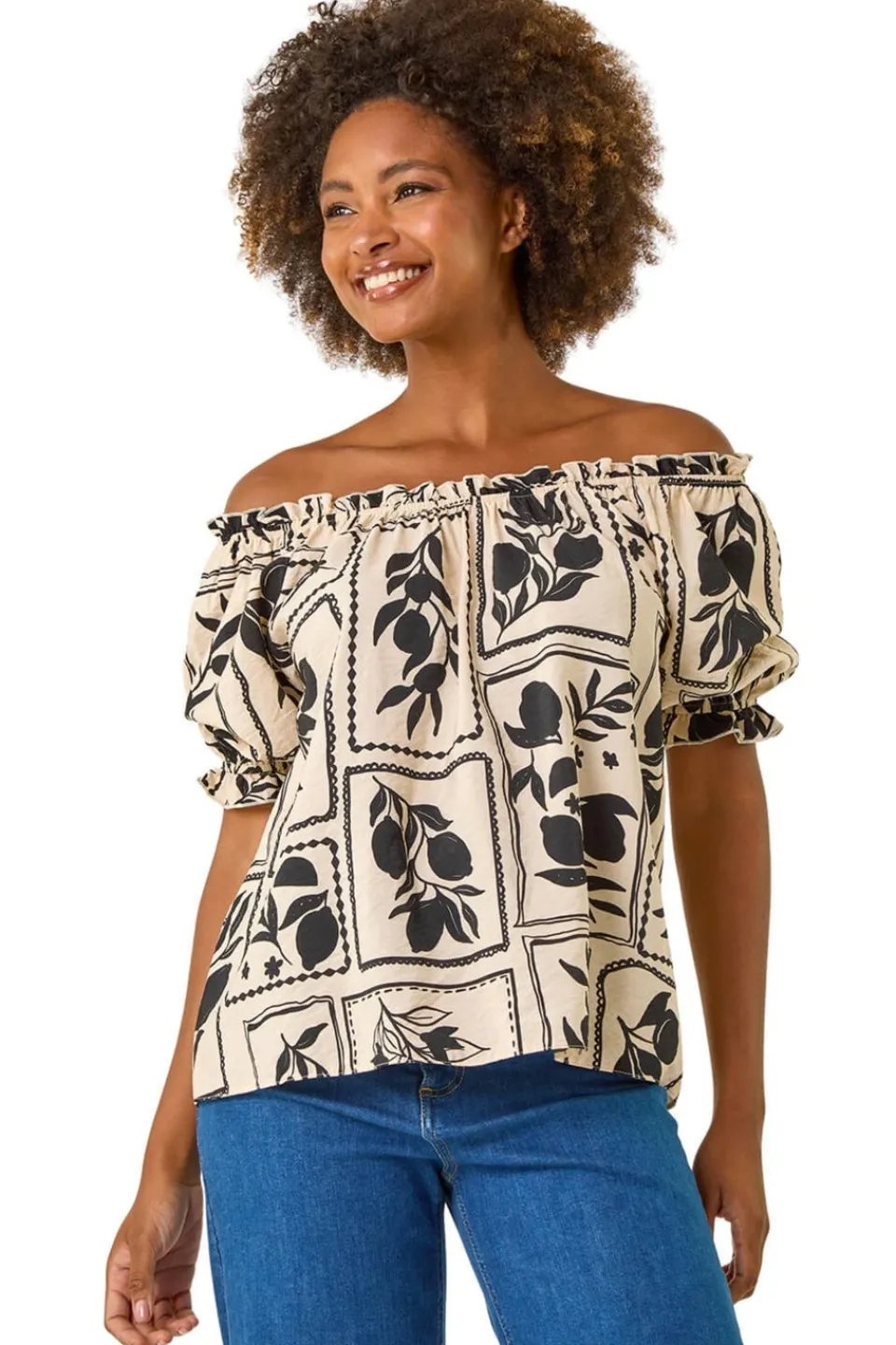 Tops>Roman Black Mono Print Bardot Top