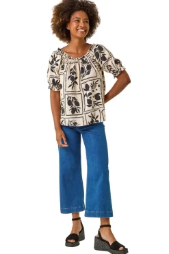 Tops>Roman Black Mono Print Bardot Top