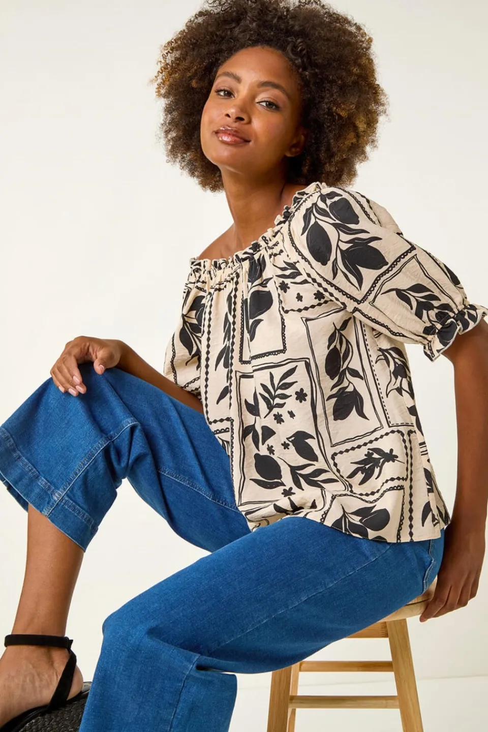 Tops>Roman Black Mono Print Bardot Top